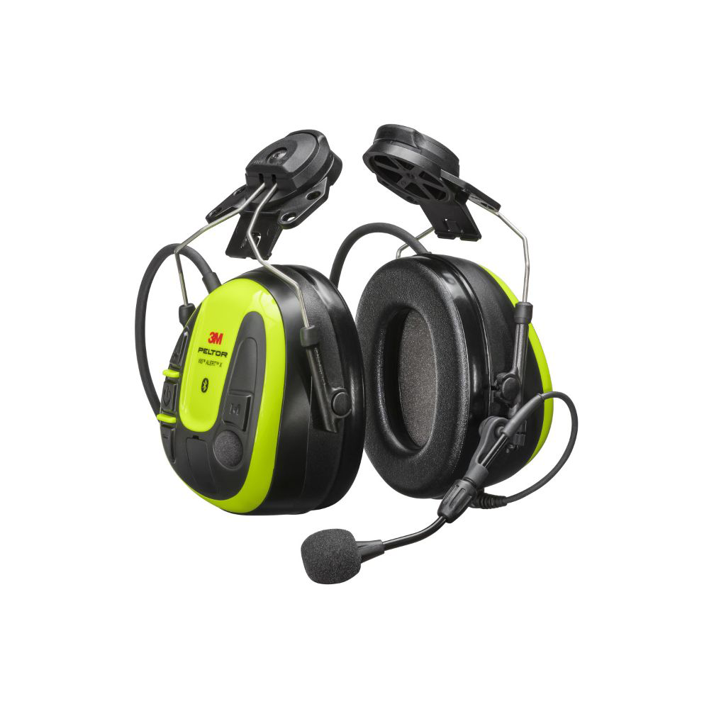 3M Peltor WS Alert X+ helmet attach headset | Radio Industries Australia Neon yellow and black over-ear hearing protection headset with attached microphone for communication in noisy environments