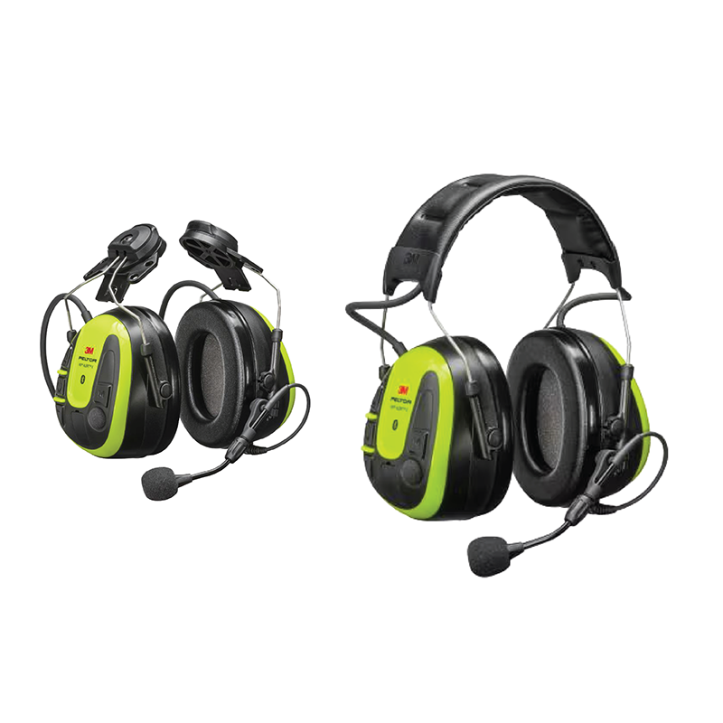 3m-peltor-ws-alert-x-plus-family | Radio Industries Australia Pair of green and black 3M Peltor hearing protection headsets with boom microphones, shown from the sides.