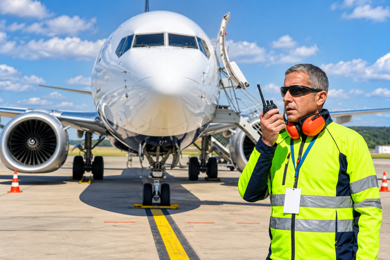Airport ground crew member using aviation two-way radios beside a passenger jet