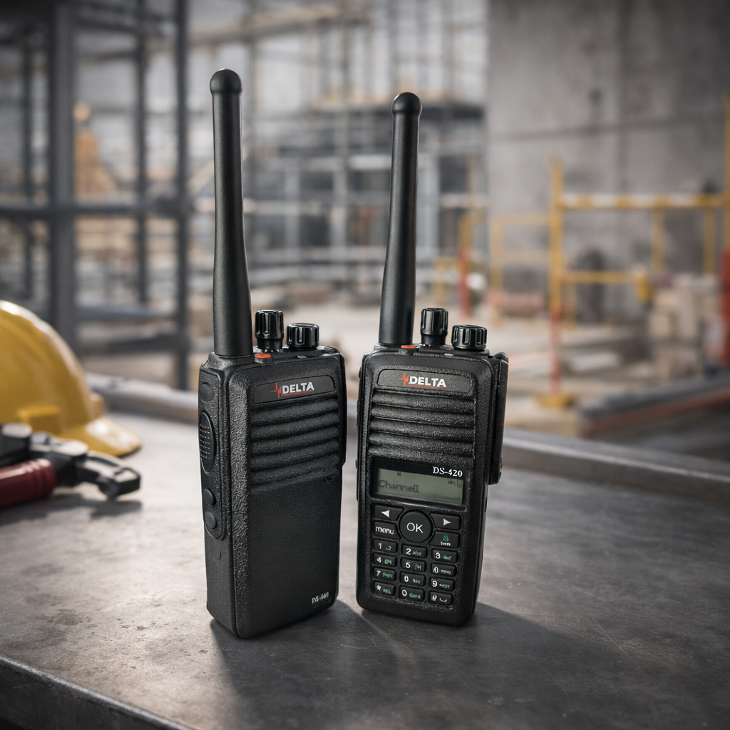 DS4 Series on Construction SIte | Radio Industries Australia Two Delta DS-420 handheld radios with antennas on a workshop table, ready for use in a factory setting.
