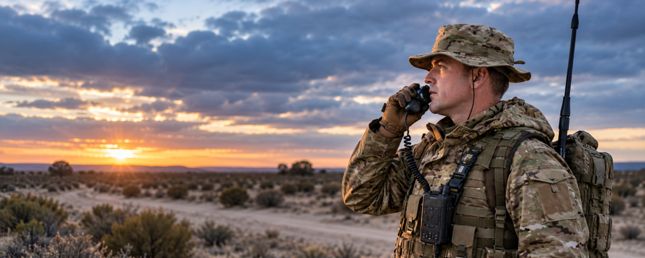 Soldier in camouflage using defence two-way radios at dusk
