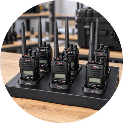 Six Delta AS310 handheld radios in a six-bay charger, the 6-Radio Weekly Hire Pack