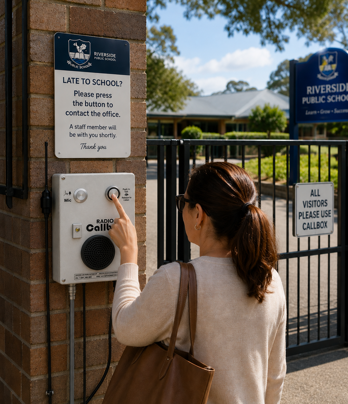 Parent using Radio Industries school gate callbox at an public school entrance to contact the office after arriving late, with visitor signage and secure school gate in background.