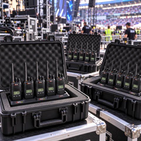 Cases of Delta two-way hire radios in multi-bay chargers ready for a stadium event, custom radio hire in any quantity