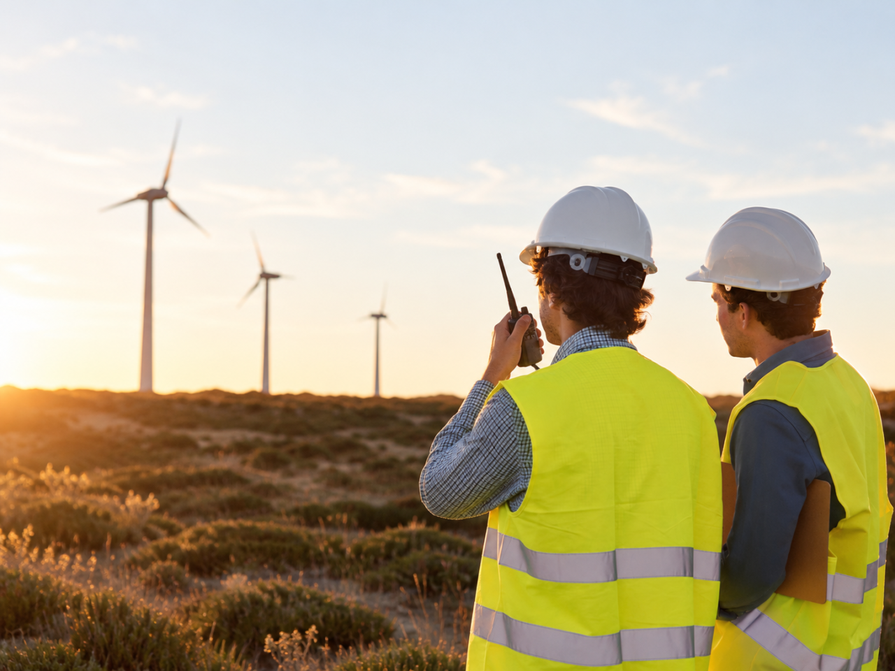 Utility workers in hard hats using utility two-way radios at a wind farm