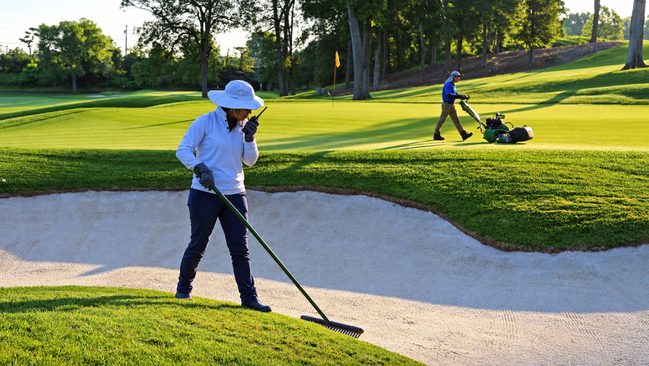 Greenkeeper raking a bunker while using a golf course two-way radio, with a mower on the green behind