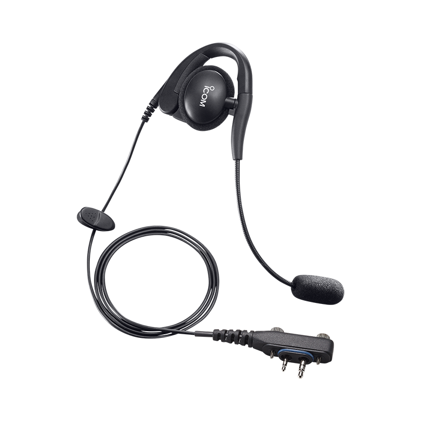 Icom HS-94LWP Earhook Headset – Main Product Image | Radio Industries Australia Icom HS-94LWP single-ear earhook radio headset with boom microphone and screw-locking two-pin plug