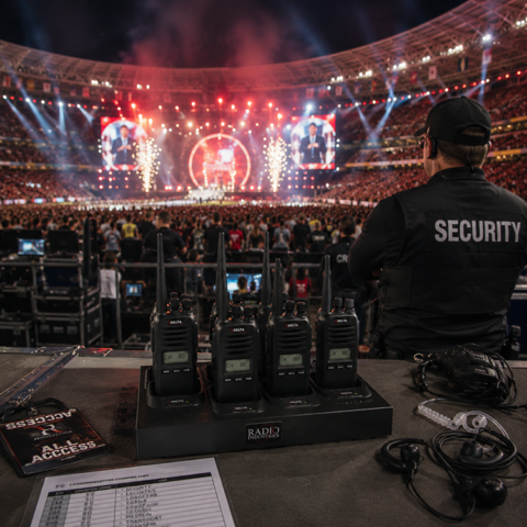 Hired Radios In Stadium | Radio Industries Australia Professional stadium event communication setup featuring Delta rental two-way radios on a charging dock at a live stadium concert, with security and event staff managing the crowd under dramatic stage lighting. Available from Radio Industries Pty Ltd