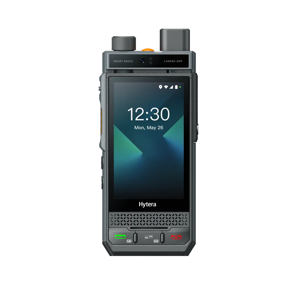 Front view of Hytera P60 PoC radio featuring professional push-to-talk over cellular communication device with compact ergonomic design, clear display screen, durable handheld construction, and reliable nationwide business communication capabilities.
