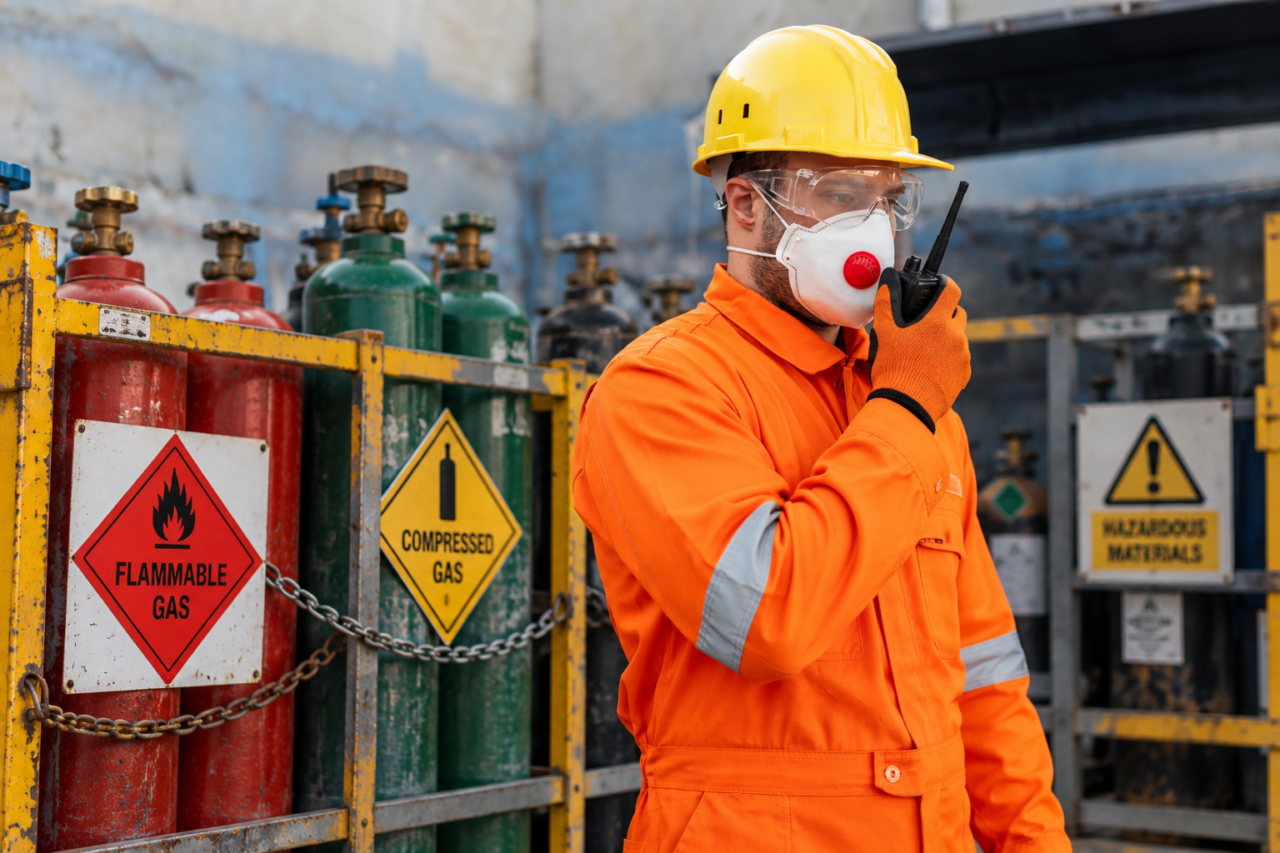 Industrial worker using a two-way radio in a hazardous area