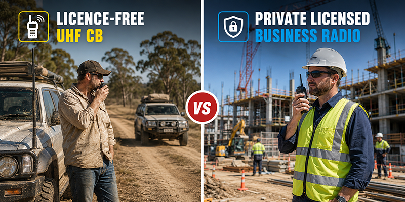 Split-screen comparison showing an Australian 4WD operator using a licence-free UHF CB radio alongside a construction supervisor using a private licensed business two-way radio on a commercial worksite, illustrating the difference between public UHF CB and professional business radio communications.