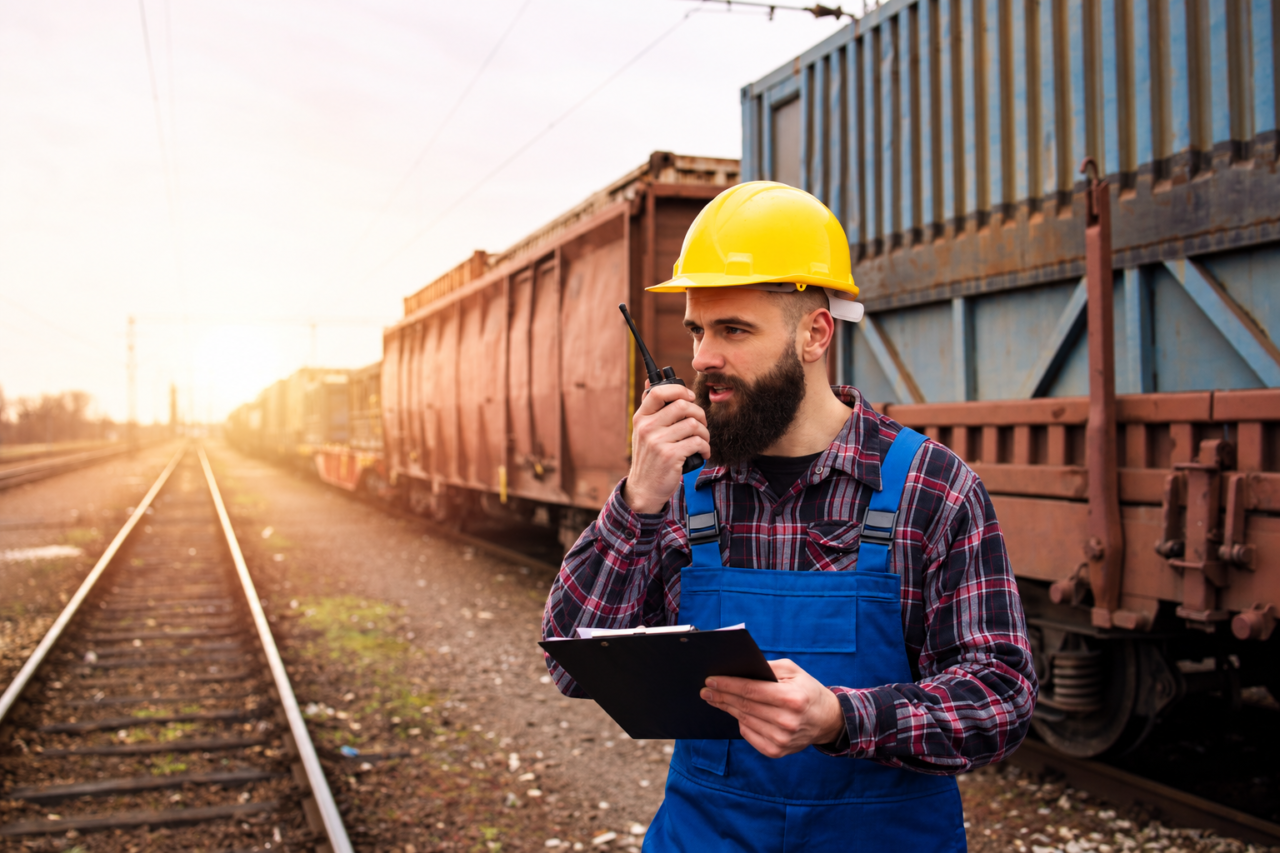 Rail freight worker using a two-way radio