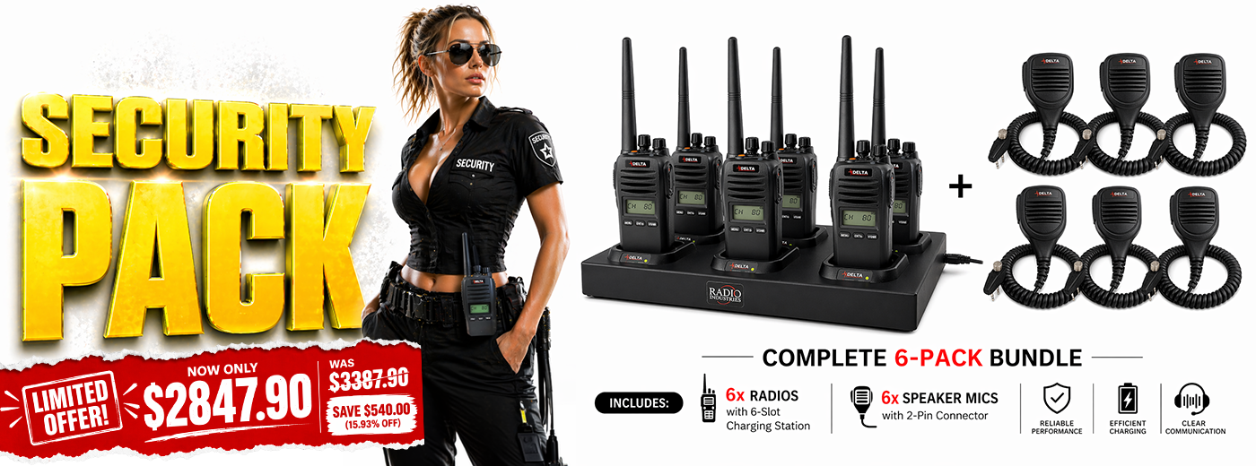 Security Pack promotional banner featuring Delta two-way radios, speaker microphones, and a 6-slot charging station for Security & Emergency communication teams. Ideal for security personnel, patrol operations, and emergency response communication systems. Available at Radio Industries.