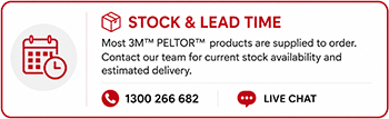 Stock & Lead Time banner: most 3M PELTOR products are available to order; contact for stock availability and delivery estimates. Phone 1300 266 682, Live Chat.