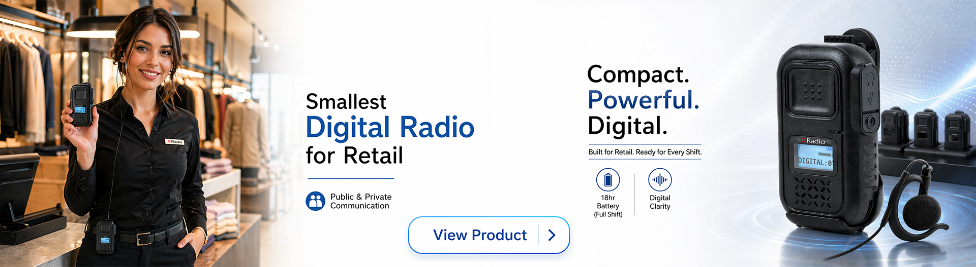 Xradio Banner Delta X DX300 digital radio advertisement for retail communication, featuring compact design, digital clarity, and all-day battery performance.