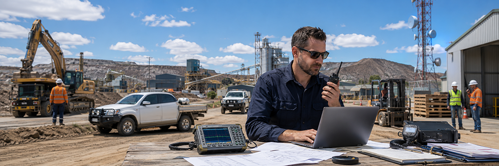Professional radio communications specialist reviewing ACMA radio frequency planning with commercial two-way radios, RF monitoring equipment, telecommunications towers, construction, mining and logistics operations in an Australian industrial environment.