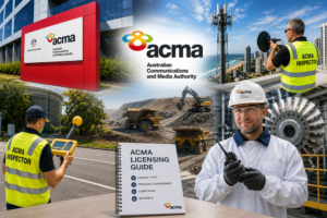 ACMA collage showing inspectors in high-visibility vests, the ACMA Licensing Guide, and construction equipment with branding visible.