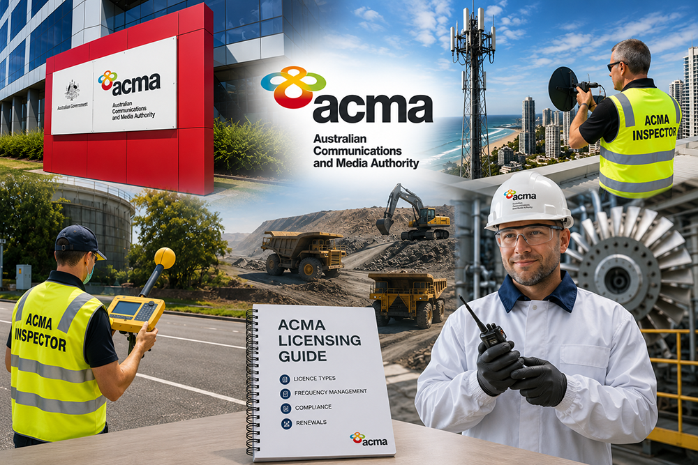 ACMA collage showing inspectors in high-visibility vests, the ACMA Licensing Guide, and construction equipment with branding visible.