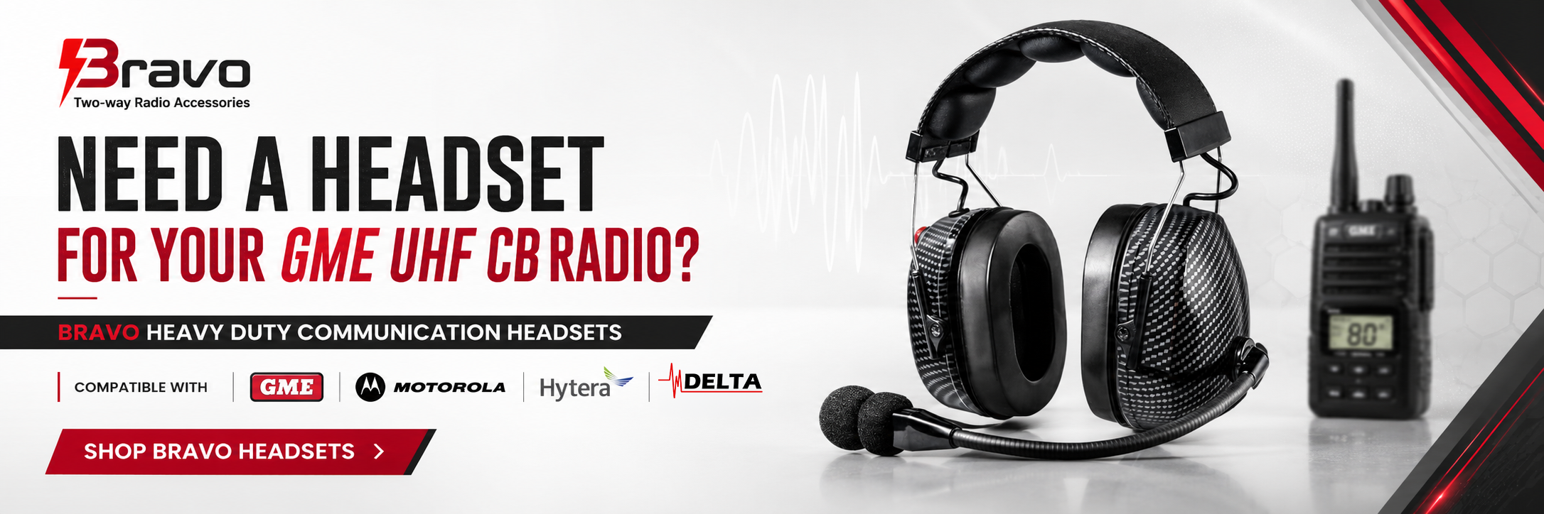 Advertising banner for Bravo two-way radio headsets titled 'Communication Headset for Your Work' showing four headset styles (headband, neckband, helmet-mount, semi headset) on a construction-themed background.