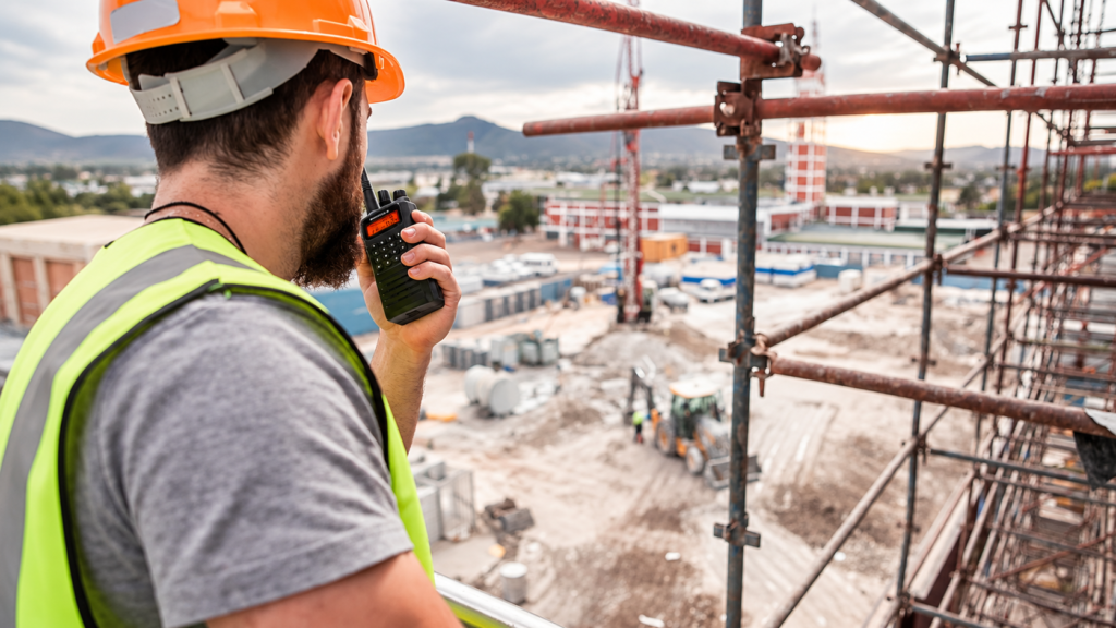 Worker using a handheld radio on a construction site