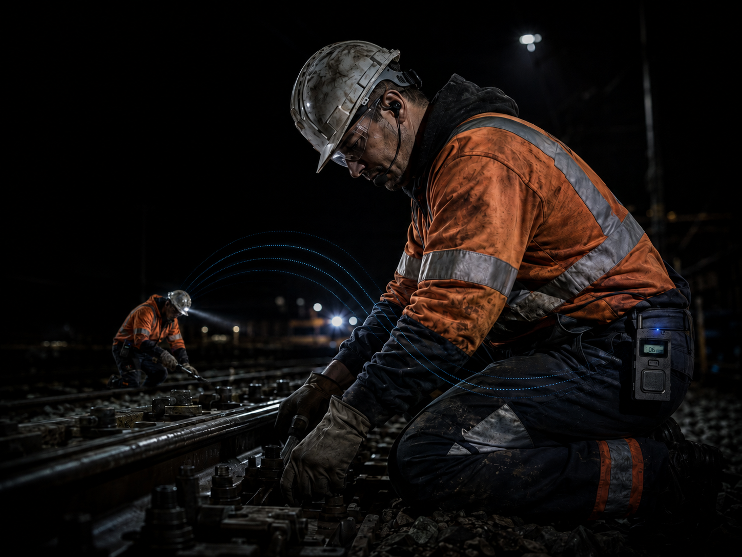 Delta Freecom belt-worn hands-free communication system in use by Nighttime Rail Crew Maintenance
