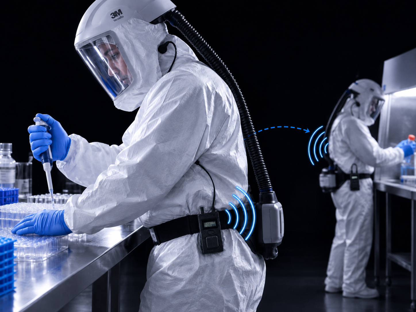 Technicians using Delta Freecom full-duplex hands-free communication in a contamination-controlled cleanroom environment