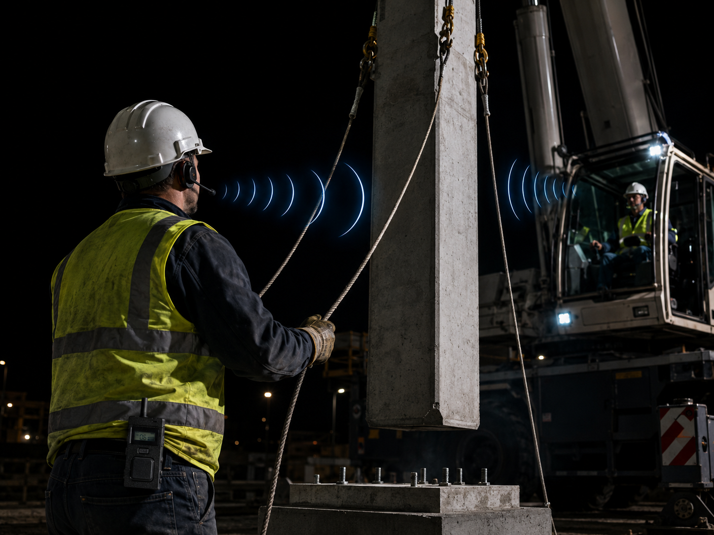 Rigger and crane operator using Delta Freecom hands-free full-duplex communication while positioning a suspended concrete pillar at night