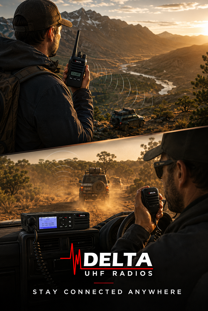 Delta UHF handheld and mobile radios providing reliable communication during an Australian 4WD adventure, featuring a handheld radio on a mountain lookout and a vehicle-mounted UHF radio leading a convoy through rugged outback terrain.