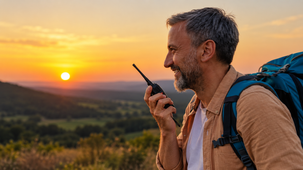 Person using a handheld radio during outdoor recreational travel