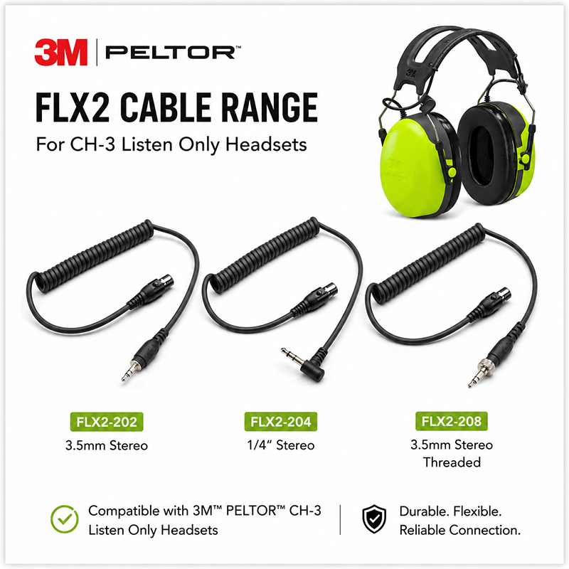 3M PELTOR FLX2 cable range for CH-3 listen only headsets showing FLX2-202, FLX2-204 and FLX2-208 cable options available at Radio Industries