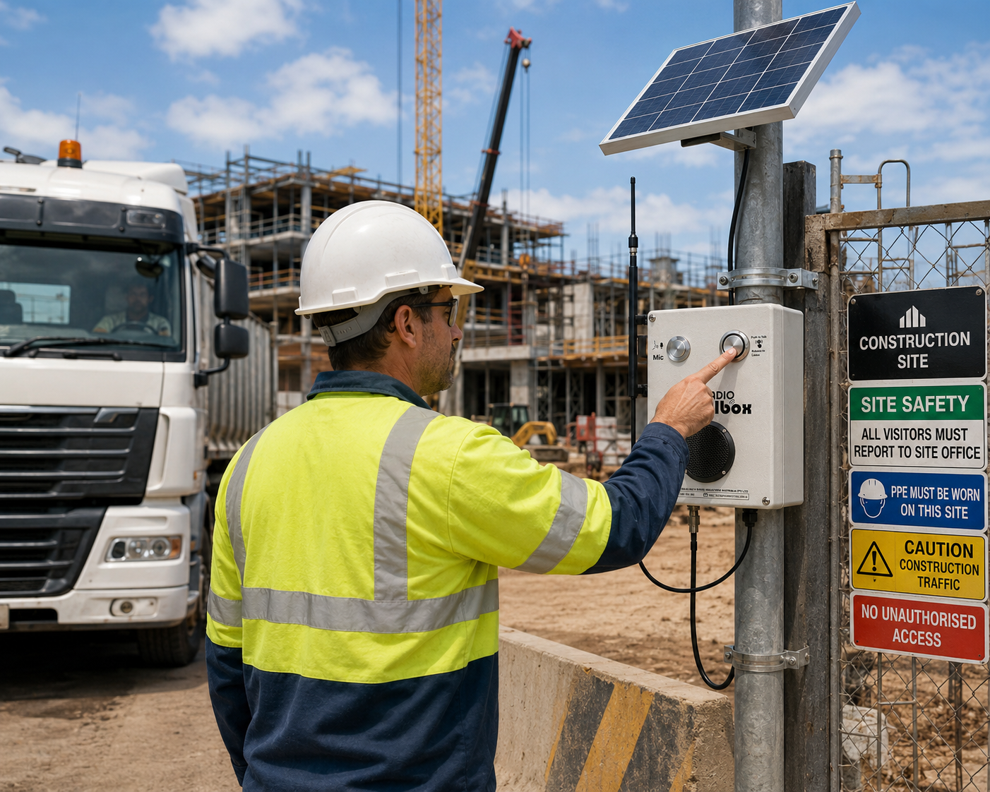 Radio Industries solar-powered Radio Callbox system used at a construction site entry for driver check-ins, site access communication, and instant two-way radio coordination.